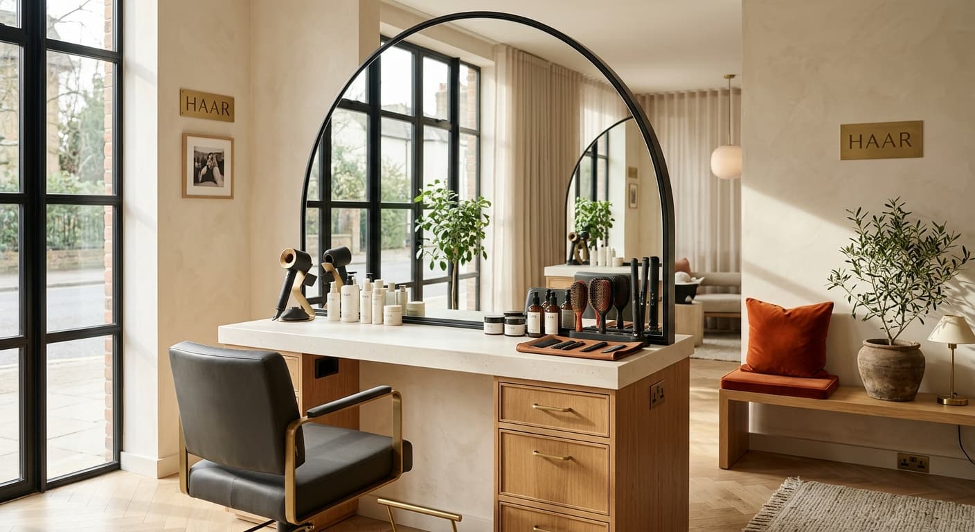 The HAAR salon floor with its arched mirrors